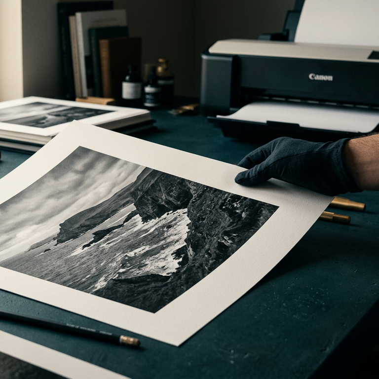 Fine art black and white landscape print on a cotton rag paper showcasing how to print photos professionally